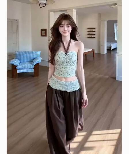 핫걸 순수한 욕망 바람 도트 무늬 튜브탑 둘 착용 행침 목 맨위 여성 여름 루즈핏 슬림해 보이는 넓은 다리 길이 바지