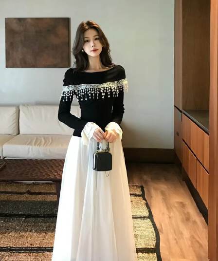 한 부서 부드러운 바람 연령 감소 맨위 망사 반신 스커트 투피스 세트 품격 착용 가져 가라. 세트