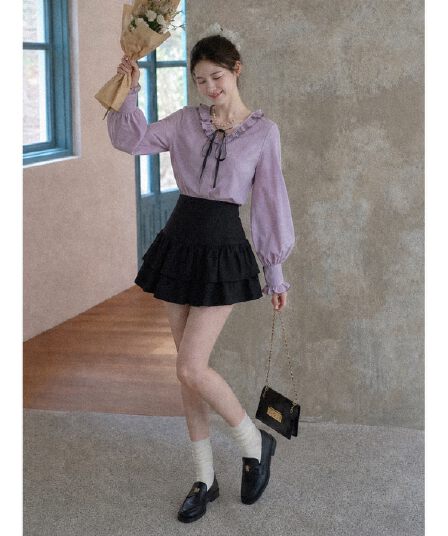 세트 ootd 착용 가져 가라. 연령 감소 전체 집합 보라색 레이스업 맨위 미니 스커트 작은 키