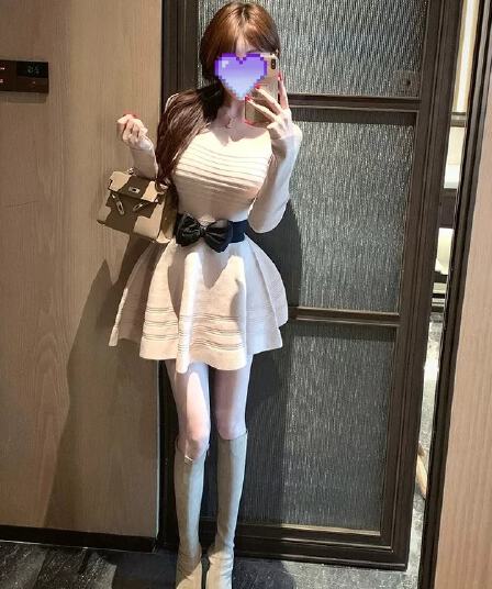 프랑스식 명문 여성 바람 u 칼라 나비 매듭 니트 여성 드레스 가을 허리 수축 슬림해 보이는 퍼프 미니 스커트 벨트 포함