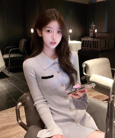 프랑스식 파란색 POLO 칼라 긴팔 니트 여성 드레스 조기 가을 장쑤 저장 및 상하이 천 골드 착용 가져 가라. 타이트 스커트 짧은 치마