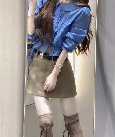 한 부서 허리 수축 출퇴근 쇼트 스타일 단색 여성 셔츠 몸매 가꾸기 베이비 칼라 중간 소매 셔츠 맨위 미니 스커트 세트