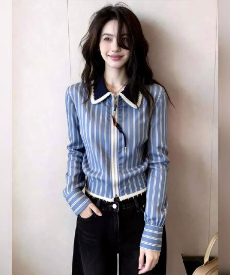 긍정적 인 어깨 POLO 칼라 배색 셔츠 슬림해 보이는 세로 줄무늬 긴팔 작은 셔츠 디자인 센스 Chic 맨위 가을 여성 셔츠