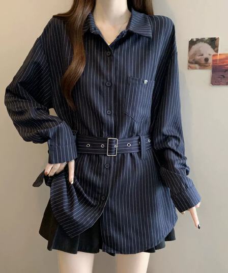 레트로 스트라이프 POLO 칼라 긴팔 여성 셔츠 봄 가을 2026 빅 사이즈 지방 mm 슬림해 보이는 표지 배 레이스업 허리 수축 맨위