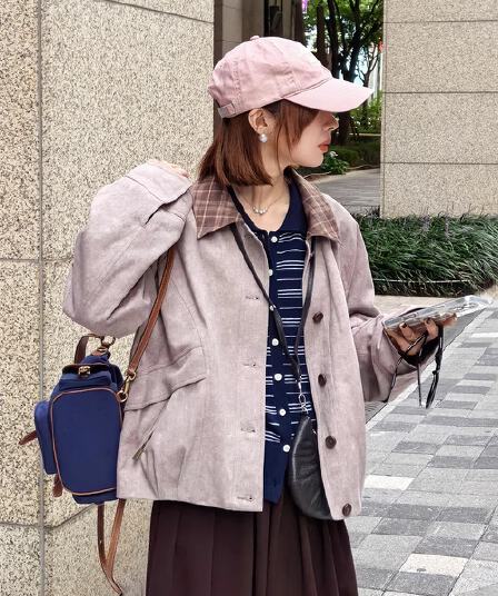흰 그림 작업장 아빠 스토우 사서함 바 En 바람 체크무늬 배색 칼라 가을 워크웨어 재킷 짧은 외투