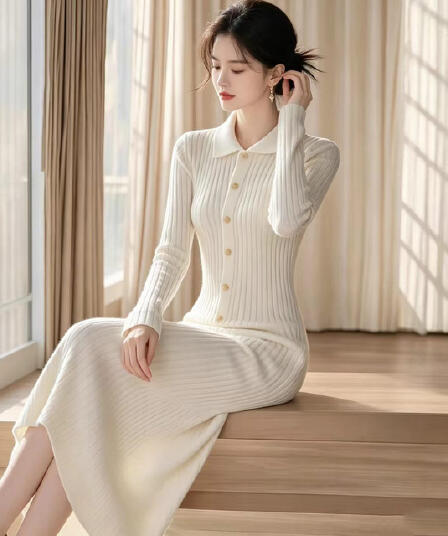 한국 품격 POLO 칼라 아름다운 슈퍼 잘 생긴 니트 스웨터 여성 드레스 가을 겨울 경기 코트 만나는 스웨터 드레스