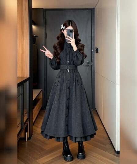 프랑스식 스탠드 칼라 긴팔 여성 드레스 가을 새로운 허리 수축 슬림해 보이는 한 마디 롱 스커트 고급 센스 품격