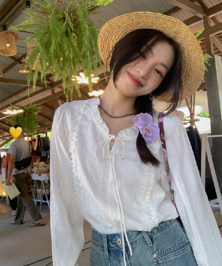 남쪽 법 가을의 날 프랑스식 레이스업 레이스 칼라 2026 화이트 여성 셔츠 작은 키 Chic 부드러운 바람 셔츠