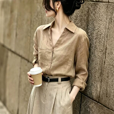 批发高端简约苎麻<b class='q'>衬衫</b>女士长袖春秋新款<b class='q'>棉麻</b>咖色<b class='q'>衬衣</b>高级感老钱风上衣
