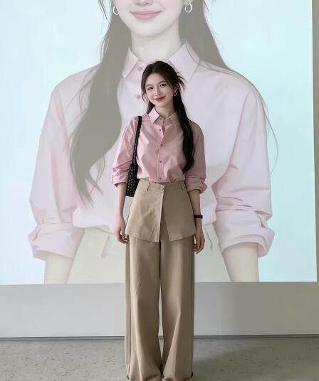 품격 전체 집합 ootd 착용 가져 가라. 한 부서 자이언트 잘 생긴 핑크색 셔츠 와이드 레그 팬츠 투피스 슈트 2026 가을 섹션