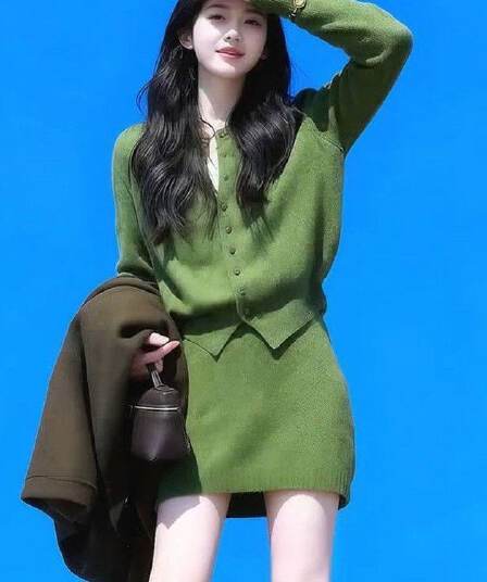 한국 스타일 고급 센스 녹색 니트 오픈 가디건 여성 여성 2026 새로운 긴팔 슬림해 보이는 맨위 여성 타이트 스커트 투피스 세트