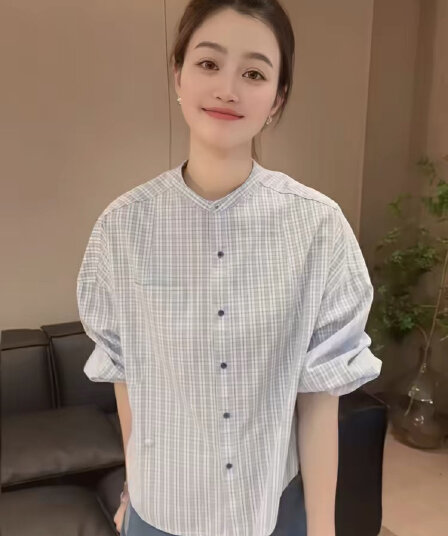 스탠드 칼라 체크무늬 긴팔 여성 셔츠 2026 새로운 봄 가을 인사이드 가져 가라. 만나는 라운드 넥 셔츠 오픈 가디건 여성 면 린넨 맨위