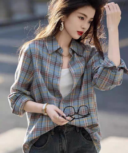 2026 가을 새로운 레트로 항구 바람 아름다움 당겨서 블루 격자 무늬 셔츠 출퇴근 편안함 작성자 맨위 재킷