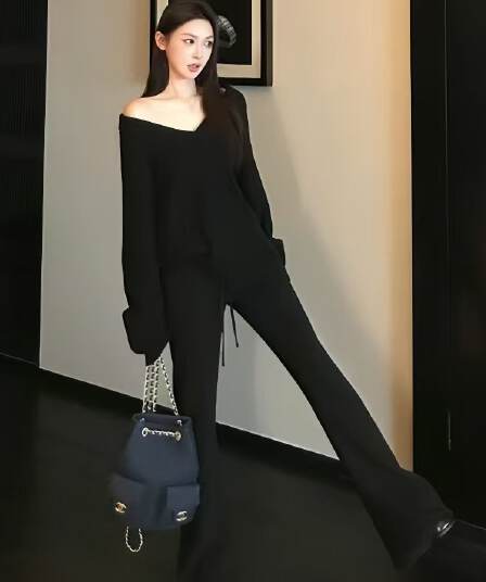 가을 겨울 새로운 느긋한 바람 단색 V넥 긴팔 니트 스웨터 맨위 루즈핏 하이웨이스트 캐주얼 바지 세트 여성