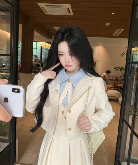 blovelan 소피아 일기 프릴 정장 짧은 외투 레트로 학원 페이크 레이어드 점프 슈트 치마 세트