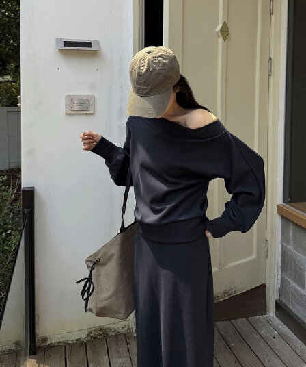 rosybow 한 부서 느긋한 바람 캐주얼 루즈핏 편안함 통기성 비스듬한 어깨 의류 반신 치마 세트
