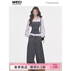 批发WESTAYONE 高级感针织拼接<b class='q'>条纹</b><b class='q'>衬衫</b>假两件上衣女+阔腿裤