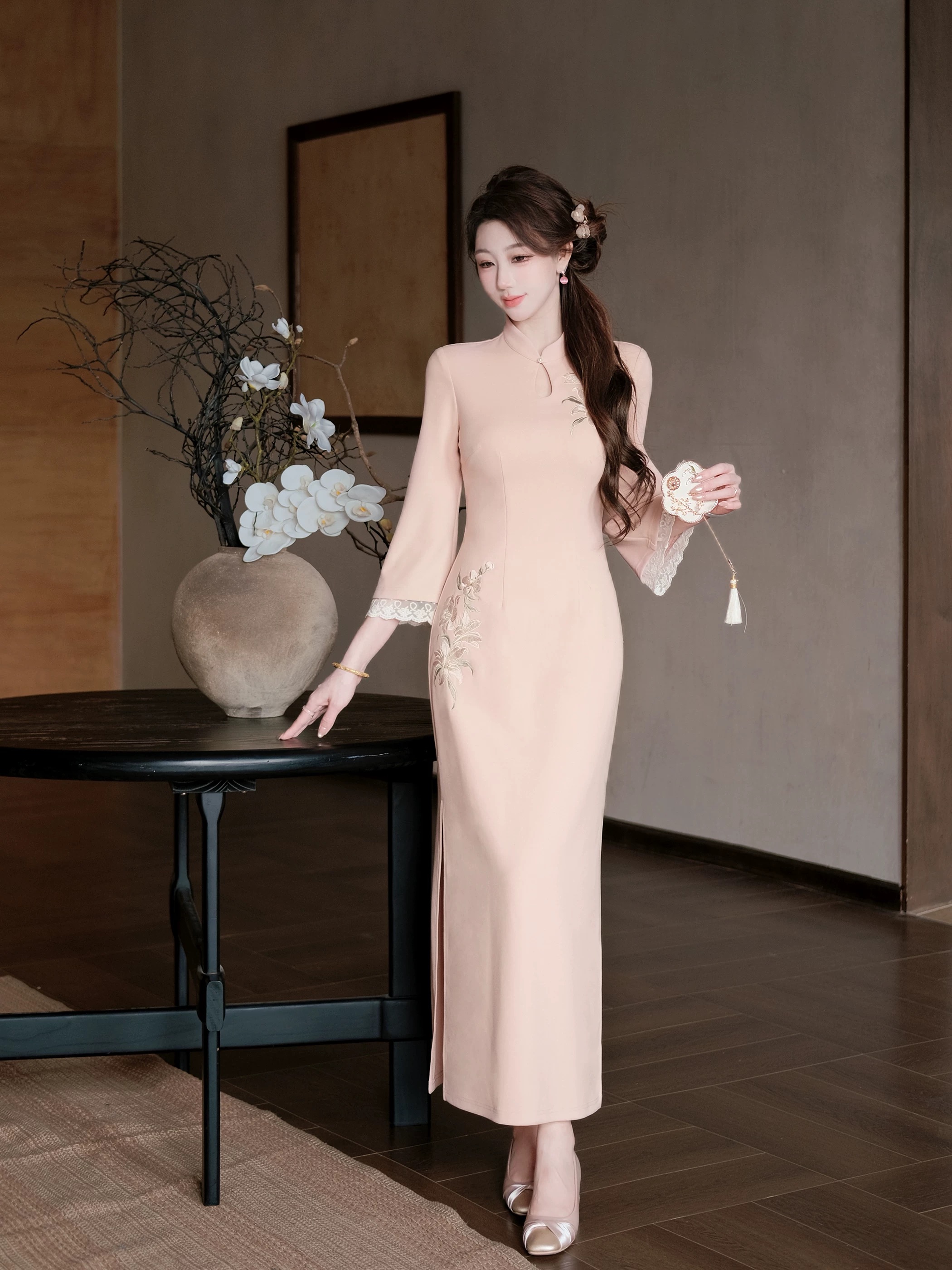 RY8284# 2026年夏季温婉留白新中式碎花刺绣旗袍女早秋复古长袖修身...