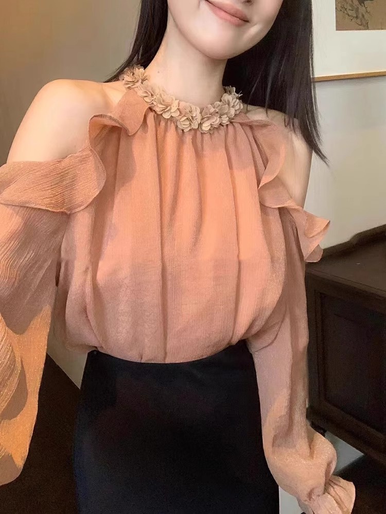 RY8226# 法式花朵挂脖长袖雪纺衬衫女装早秋新款时尚露肩宽松漂亮小衫上...