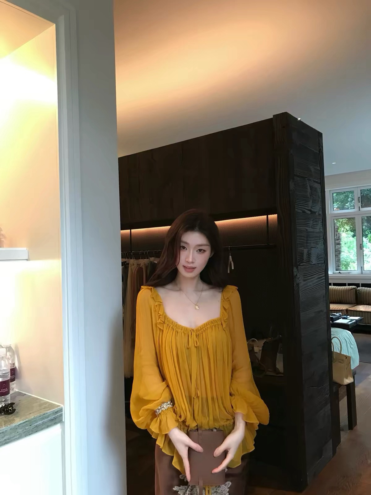 RY8224# SYA奚小西 法式肌理系带上衣早秋女荷叶边方领系带人丝长袖...