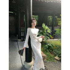 批发新中式百搭提花长袖连衣裙女秋季新款<b class='q'>复古</b>名媛改良旗袍包臀<b class='q'>长裙</b>子