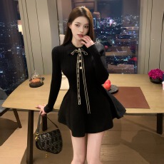 批发luna潞娜12.8新品针织<b class='q'>连衣裙</b>张元英风格少女翻领收腰<b class='q'>蓬蓬裙</b>超短裙