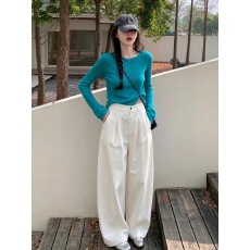 批发蓝色圆领长袖t恤女新款秋季高级不撞款上衣搭配白色<b class='q'>裤子</b>套装