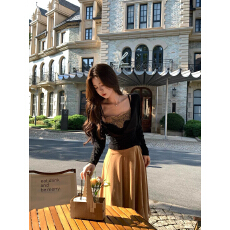 批发木子李的李绒光丝叙法式荡领钉花长袖上衣丝绒蕾丝花边半裙套装
