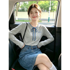 批发小个子穿搭蝴蝶结系带灰色长袖<b class='q'>T</b><b class='q'>恤</b>女早秋新款漂亮打底衫宽松上衣