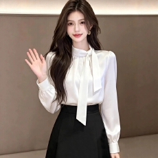 批发白色飘带长袖<b class='q'>衬衫</b>女春秋小个子高级感<b class='q'>衬衣</b>职业通勤气质上衣