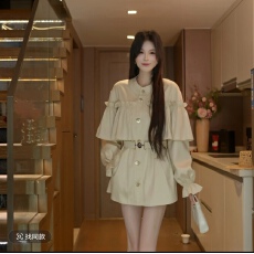 批发磊磊青<b class='q'>春</b>的一盏灯 外套 立领抽褶廓形风衣外套女67