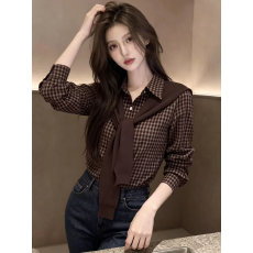 批发咖色<b class='q'>格子</b>衬衫叠穿披肩气质两件套女通勤穿搭宽松显瘦长袖上衣