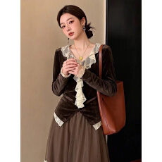 批发蕾丝拼接丝绒<b class='q'>长袖</b>T恤秋季2026新款<b class='q'>大码</b>女装胖mm高级小衫收腰上衣