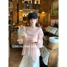批发宋秀妍 SENIORS少女风多巴胺粉色褶皱披肩衬衫飘逸氛围感长袖上衣