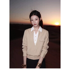 批发杏色V领拼接假两件上衣收腰显瘦绑带带口袋设计感宽松<b class='q'>长袖</b>小衫女