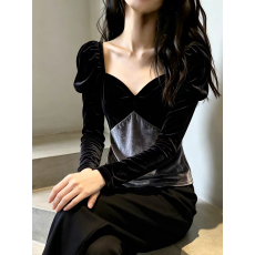 批发复古时髦丝绒拼接<b class='q'>长</b>袖上衣女秋季新款高级感气质显瘦优雅上衣