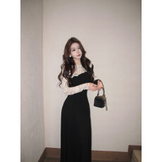 批发木子李幽纱月叙赫本风<b class='q'>黑白</b>撞色蕾丝拼接<b class='q'>连衣裙</b>高级感长裙