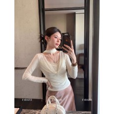 批发早秋穿搭美拉德女辣妹蕾丝拼接挂脖飘带长袖T恤内搭荡领咖色上衣