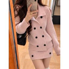 批发复古气质双排扣开衫毛衣外套半身<b class='q'>短裙</b>两件套女秋季慵懒松弛感套装