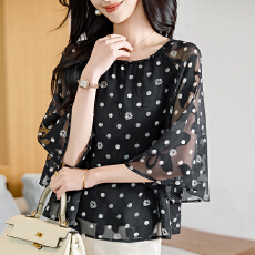 批发圆领重工中袖雪纺女2026春夏季新款简约百搭宽松显瘦休闲减龄上衣