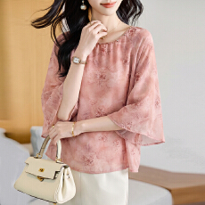 批发圆领重工中袖雪纺女2026春夏季新款简约百搭宽松显瘦休闲减龄上衣