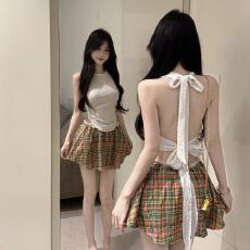 批发纯欲辣妹女夏穿搭一整套格子A字半身裙裤