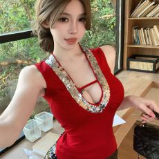 批发重工拼接亮片性感吊带背心<b class='q'>夏</b>季无袖外穿设计感辣妹上衣亮闪闪爆闪