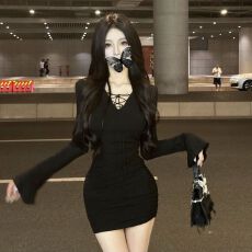 批发纯欲风v领绑带设计感小众喇叭袖收腰显瘦打底包臀裙