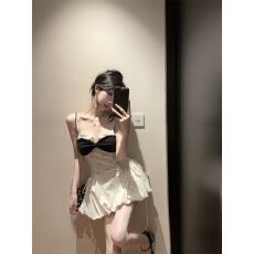 批发纯欲气质名媛千金小香风撞色波点掐腰吊带连衣裙显瘦<b class='q'>高腰</b>百搭裙子