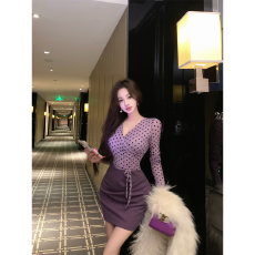批发紫色波点假两件连衣裙女秋季长袖收腰<b class='q'>裙子</b>御姐风气质性感包臀短裙