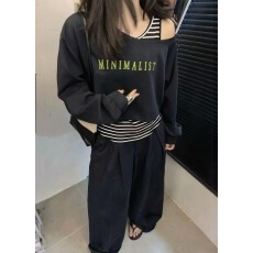 批发斜肩条纹拼接卫衣长袖<b class='q'>T</b><b class='q'>恤</b>早秋季新款真两件女韩系休闲设计感套装
