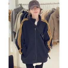 批发美式慵懒时髦三条杠撞色立领加绒卫衣外套<b class='q'>女</b>秋冬休闲宽松拉链<b class='q'>开衫</b>