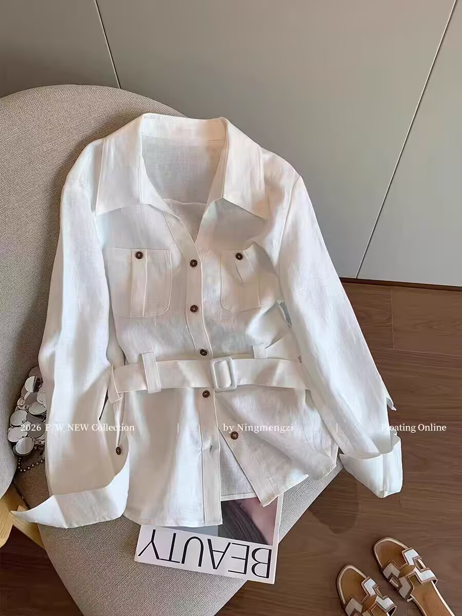 작은 키 오래된 돈 바람 화이트 폴로 칼라 허리 수축 여성 셔츠 봄 새로운 미니멀리즘 캐주얼 품격 다용도 긴팔 트렌디