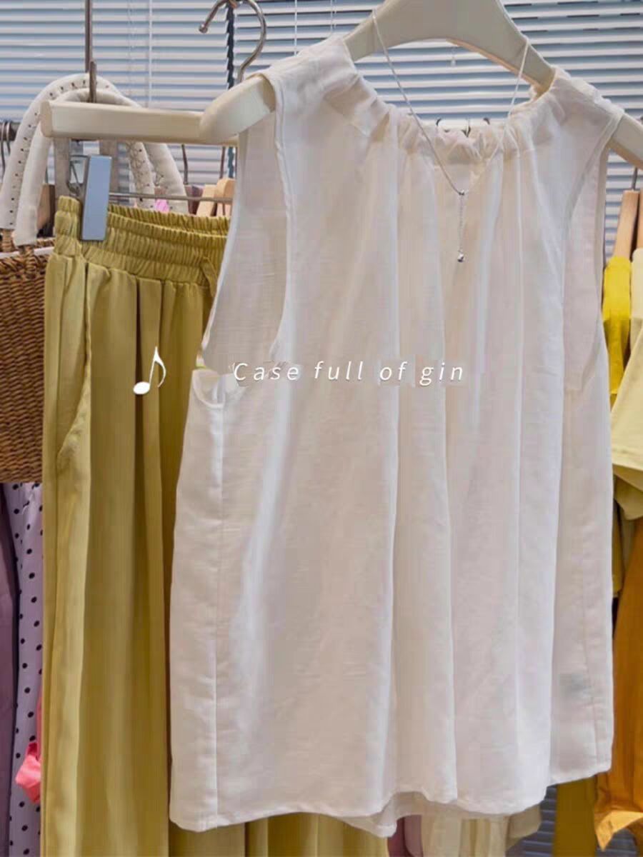 한 부서 화이트 라운드 넥 라미 조끼 여성 여름 얇은 스타일 작은 키 펌프 Pleat 레이스업 루즈핏 민소매 맨위 외출용
